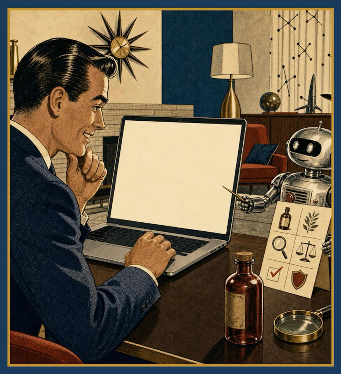 Vintage-style illustration of a robot field inspector examining a product